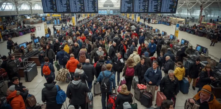Crowded airport terminal during holiday travel season with passengers waiting in lines