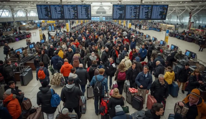 Crowded airport terminal during holiday travel season with passengers waiting in lines
