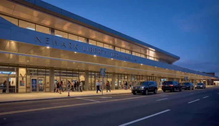 Passenger pickup area outside Newark Liberty International Airport Terminal A arrivals level