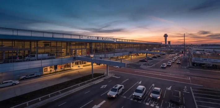Passenger pickup lanes outside LaGuardia Airport Terminal B after redevelopment