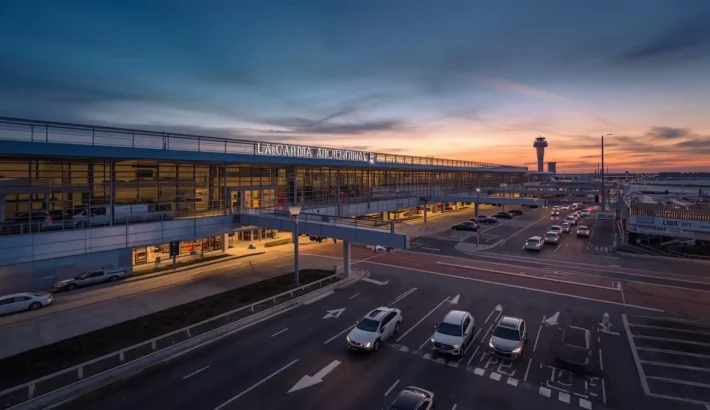 Passenger pickup lanes outside LaGuardia Airport Terminal B after redevelopment