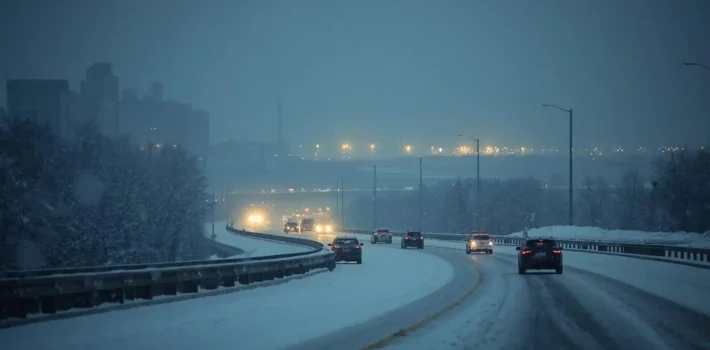 Snowy highway conditions affecting travel to Newark Liberty International Airport during winter