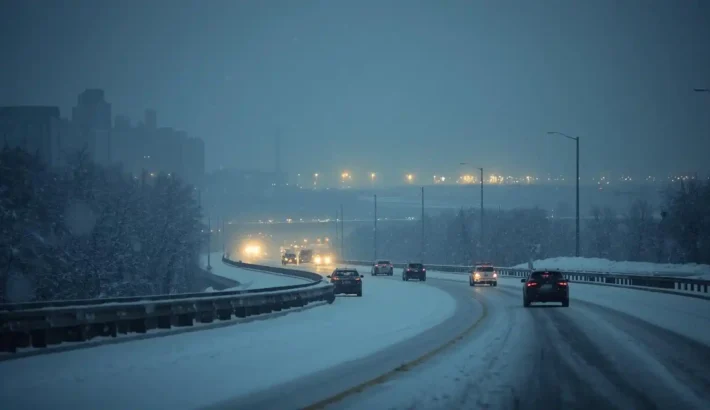 Snowy highway conditions affecting travel to Newark Liberty International Airport during winter