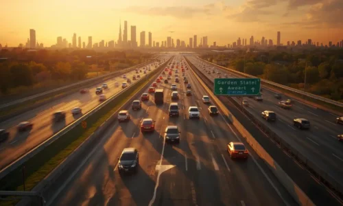 Traffic flow on Garden State Parkway from Freehold NJ to Newark Liberty International Airport during morning rush hour