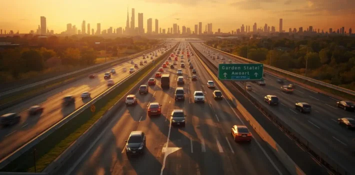 Traffic flow on Garden State Parkway from Freehold NJ to Newark Liberty International Airport during morning rush hour