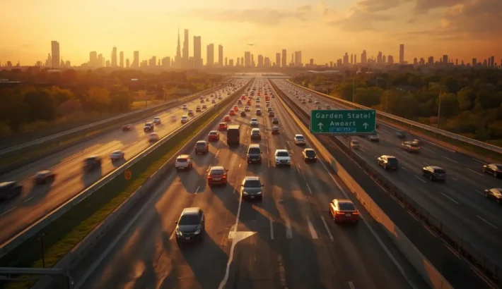 Traffic flow on Garden State Parkway from Freehold NJ to Newark Liberty International Airport during morning rush hour