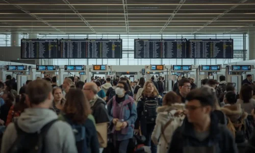 Travelers arriving early at airport security checkpoint before flight departure