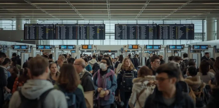 Travelers arriving early at airport security checkpoint before flight departure