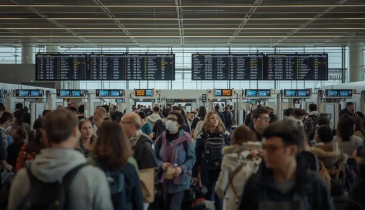 Travelers arriving early at airport security checkpoint before flight departure