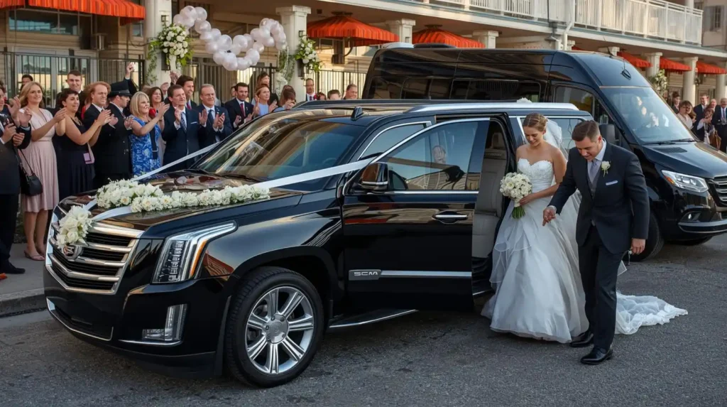 couple getting into SUV on their wedding day