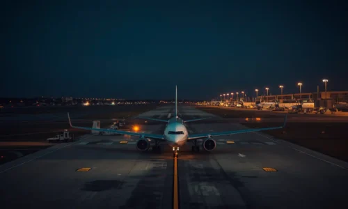 Airplane preparing for late night red eye departure at Newark Airport