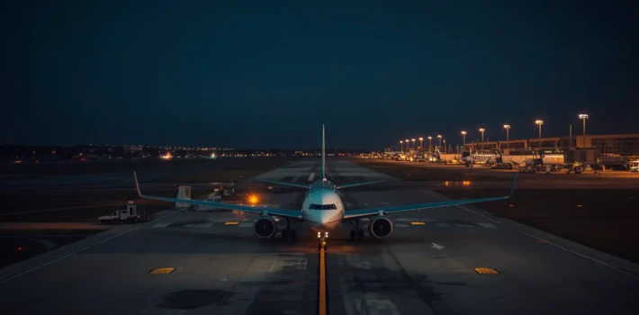 Airplane preparing for late night red eye departure at Newark Airport