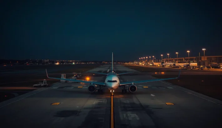 Airplane preparing for late night red eye departure at Newark Airport