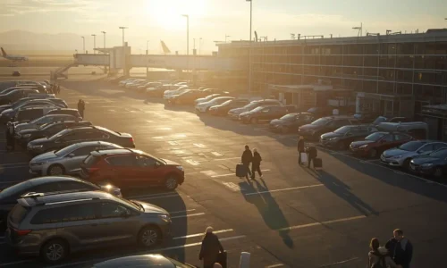 Airport parking lot filled with cars near Newark Airport terminal with travelers
