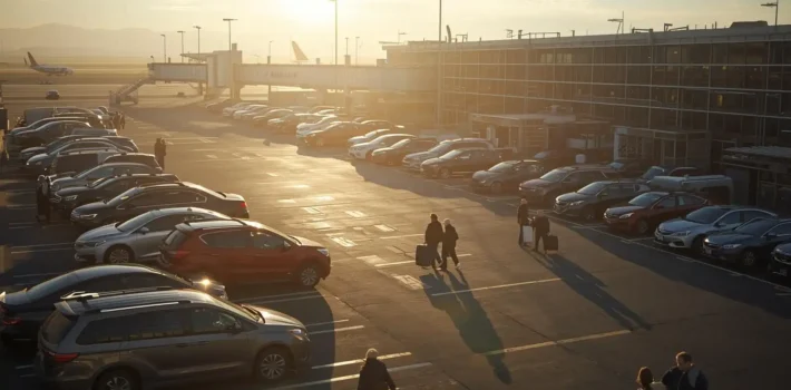 Airport parking lot filled with cars near Newark Airport terminal with travelers