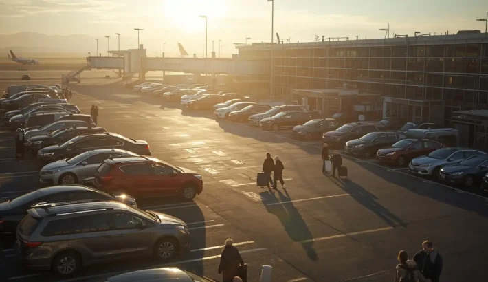 Airport parking lot filled with cars near Newark Airport terminal with travelers