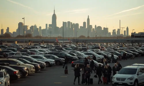 Cars parked at JFK Airport with travelers heading toward terminal entrance
