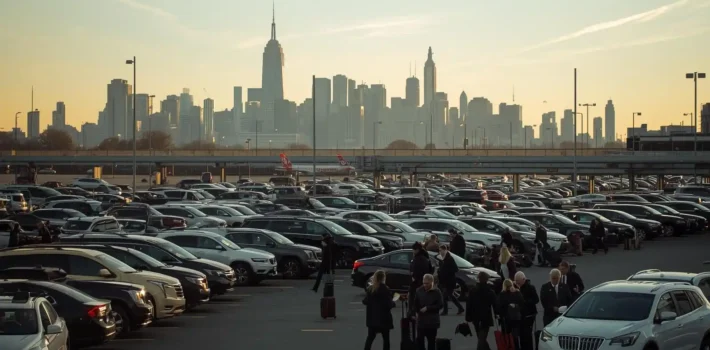 Cars parked at JFK Airport with travelers heading toward terminal entrance