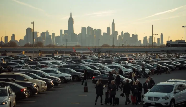 Cars parked at JFK Airport with travelers heading toward terminal entrance