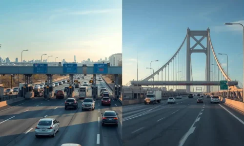 Comparison of toll routes from New Jersey to Newark and JFK Airport showing highway and bridge toll points