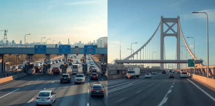Comparison of toll routes from New Jersey to Newark and JFK Airport showing highway and bridge toll points