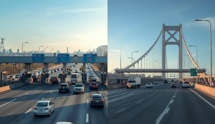 Comparison of toll routes from New Jersey to Newark and JFK Airport showing highway and bridge toll points