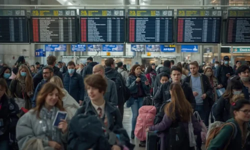 Travelers preparing for international departure at JFK Airport with passports and luggage