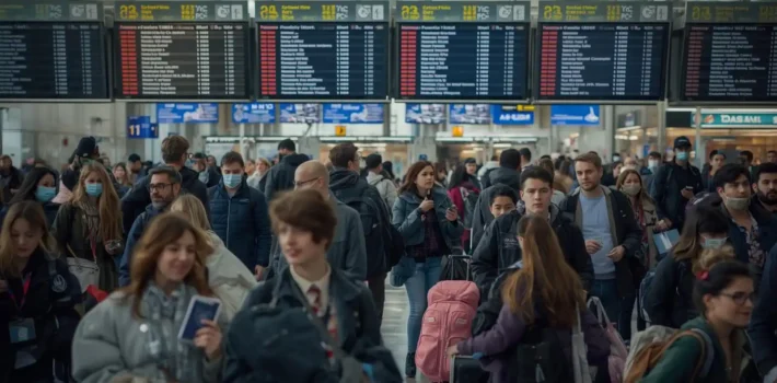 Travelers preparing for international departure at JFK Airport with passports and luggage