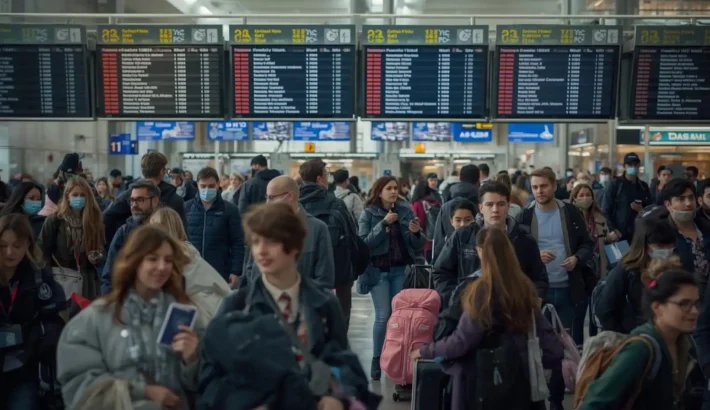 Travelers preparing for international departure at JFK Airport with passports and luggage