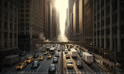 Aerial view of dense midday vehicle traffic on a Midtown