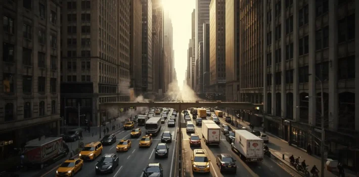 Aerial view of dense midday vehicle traffic on a Midtown