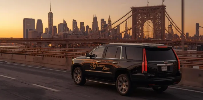 Black luxury Escalade on a New Jersey elevated highway approach