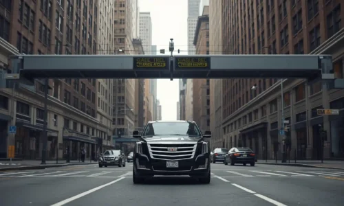 Black luxury Escalade passing under a congestion pricing toll detection gantry on a Midtown Manhattan