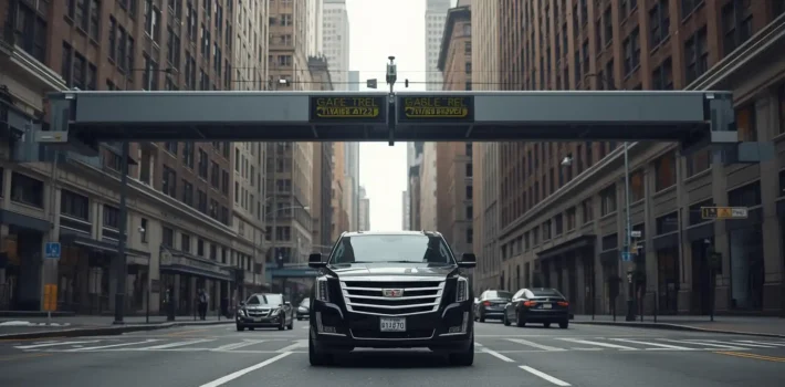 Black luxury Escalade passing under a congestion pricing toll detection gantry on a Midtown Manhattan
