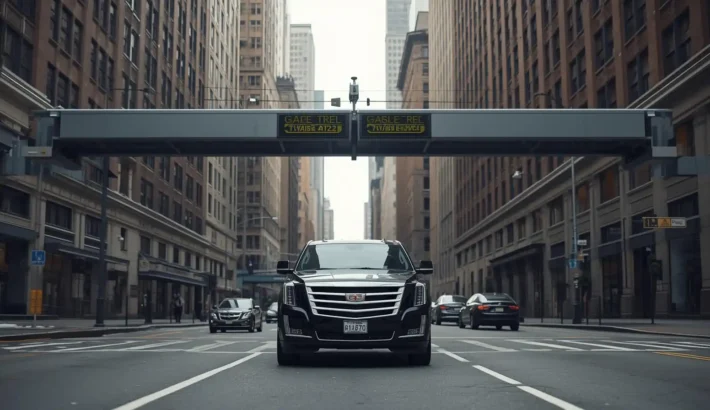 Black luxury Escalade passing under a congestion pricing toll detection gantry on a Midtown Manhattan