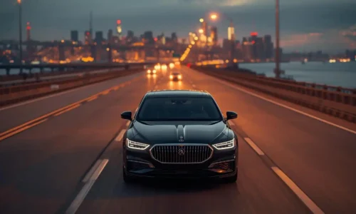 Black luxury car traveling from Monmouth County toward Manhattan skyline via New Jersey highway at dusk