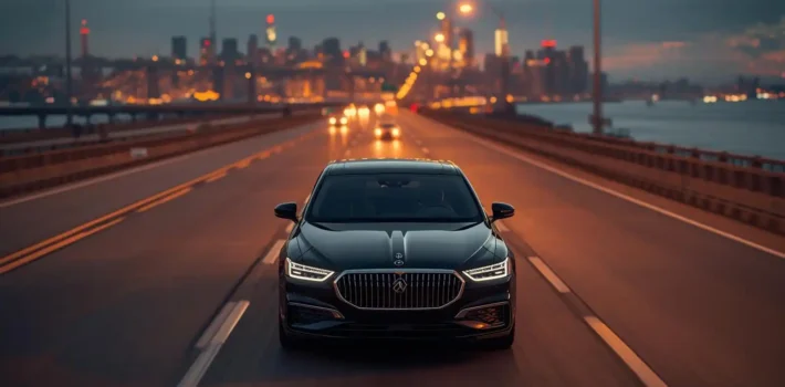 Black luxury car traveling from Monmouth County toward Manhattan skyline via New Jersey highway at dusk