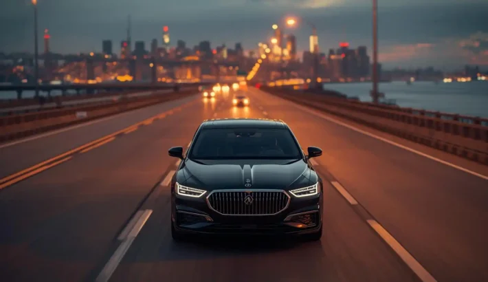 Black luxury car traveling from Monmouth County toward Manhattan skyline via New Jersey highway at dusk