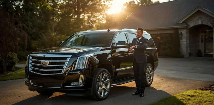 Chauffeur arriving early at residential pickup location for airport transportation