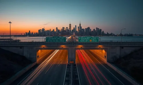 New Jersey highway tunnel approach toward Manhattan at dusk showing vehicle traffic entering tunnel portal with city skyline in background