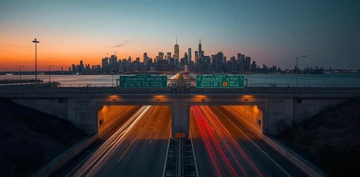 New Jersey highway tunnel approach toward Manhattan at dusk showing vehicle traffic entering tunnel portal with city skyline in background