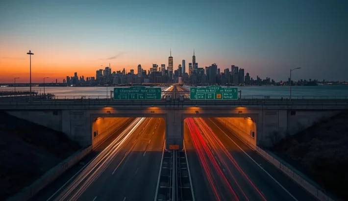 New Jersey highway tunnel approach toward Manhattan at dusk showing vehicle traffic entering tunnel portal with city skyline in background