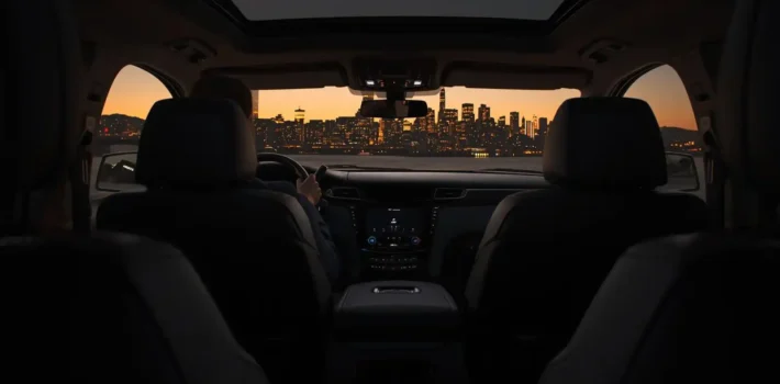 Rear passenger view inside a black luxury sedan approaching Manhattan at dusk with city skyline visible through the windshield