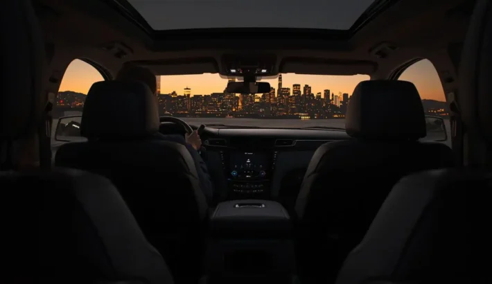 Rear passenger view inside a black luxury sedan approaching Manhattan at dusk with city skyline visible through the windshield