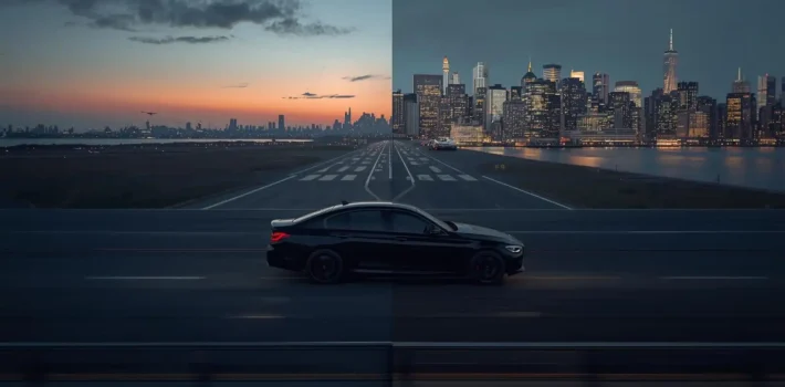 Aerial dusk view of a highway approach road with a black luxury sedan heading toward Manhattan with airport infrastructure visible on either side