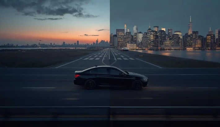 Aerial dusk view of a highway approach road with a black luxury sedan heading toward Manhattan with airport infrastructure visible on either side
