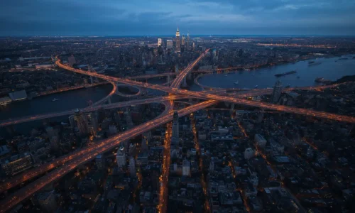 Aerial dusk view of three highway approach routes