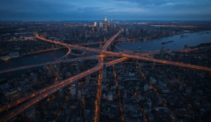 Aerial dusk view of three highway approach routes